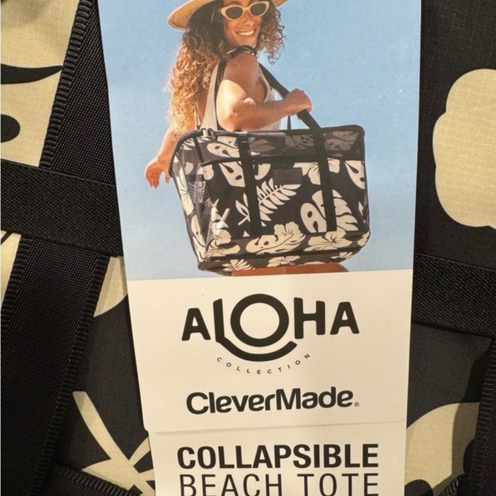 Aloha Collapsible Beach Tote – Black & White Floral